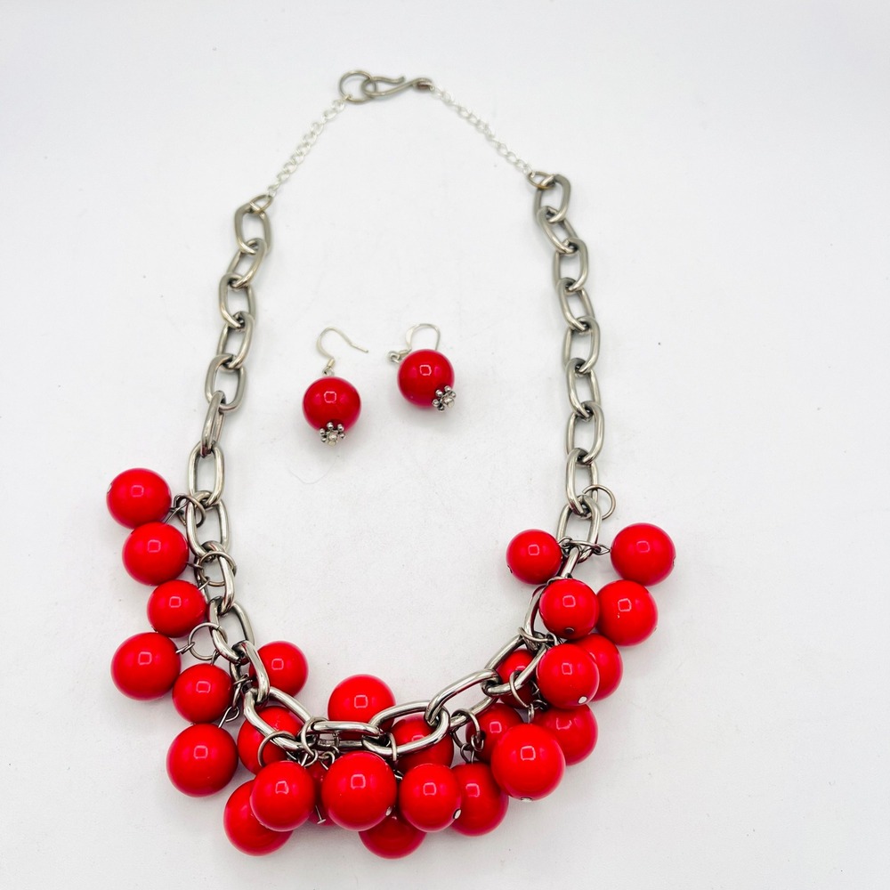 Red Chunky Bead Statement Necklace and Matching Drop Earring Set Silver Tone